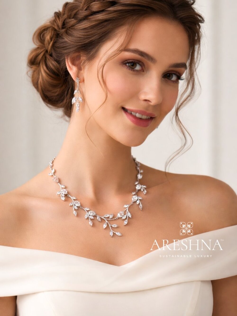 Luxury Bridal Jewelry Set 14K Gold Swarovski Leaf Vine Diamond Necklace Earrings